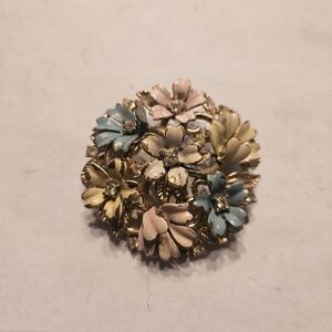Trifari Rare Vintage Rhinestone Pink Blue Yellow Enamel Flowers Pin